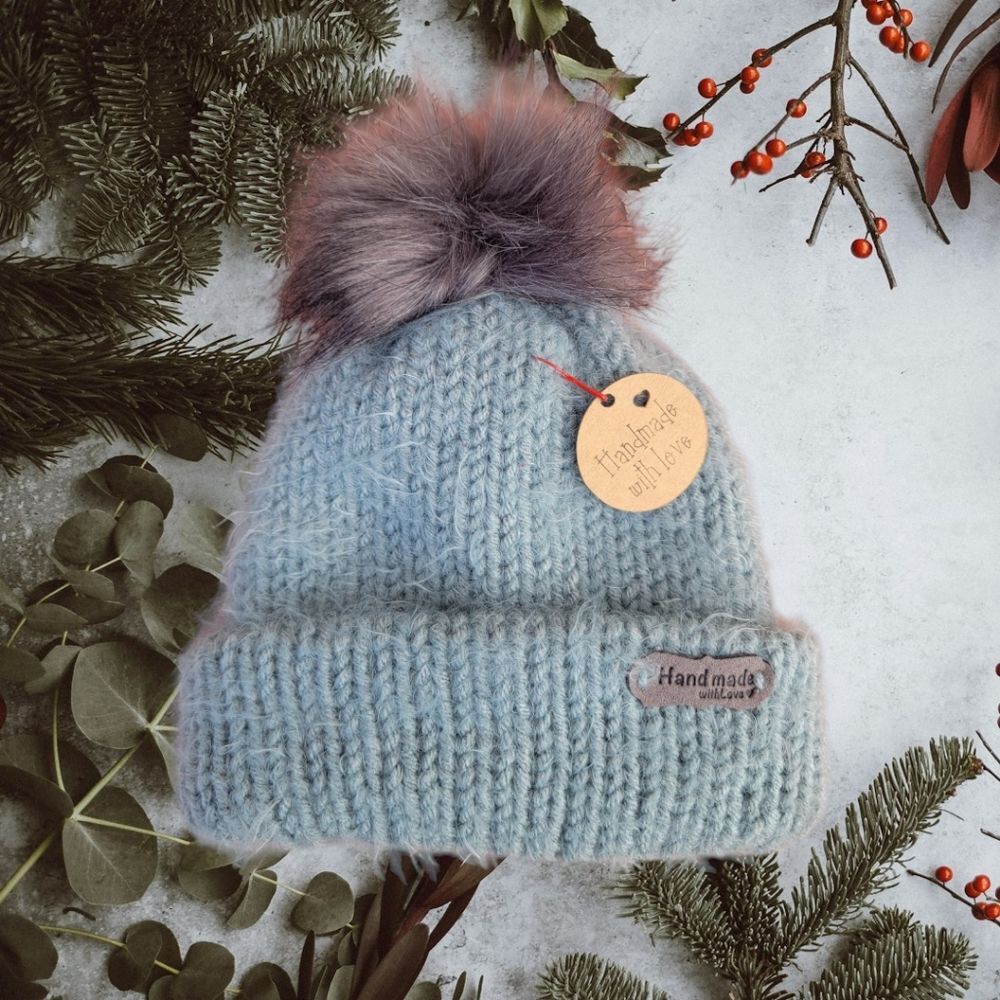 Handmade Knit Light Blue Fuzzy Newborn Beanie with Pom Pom